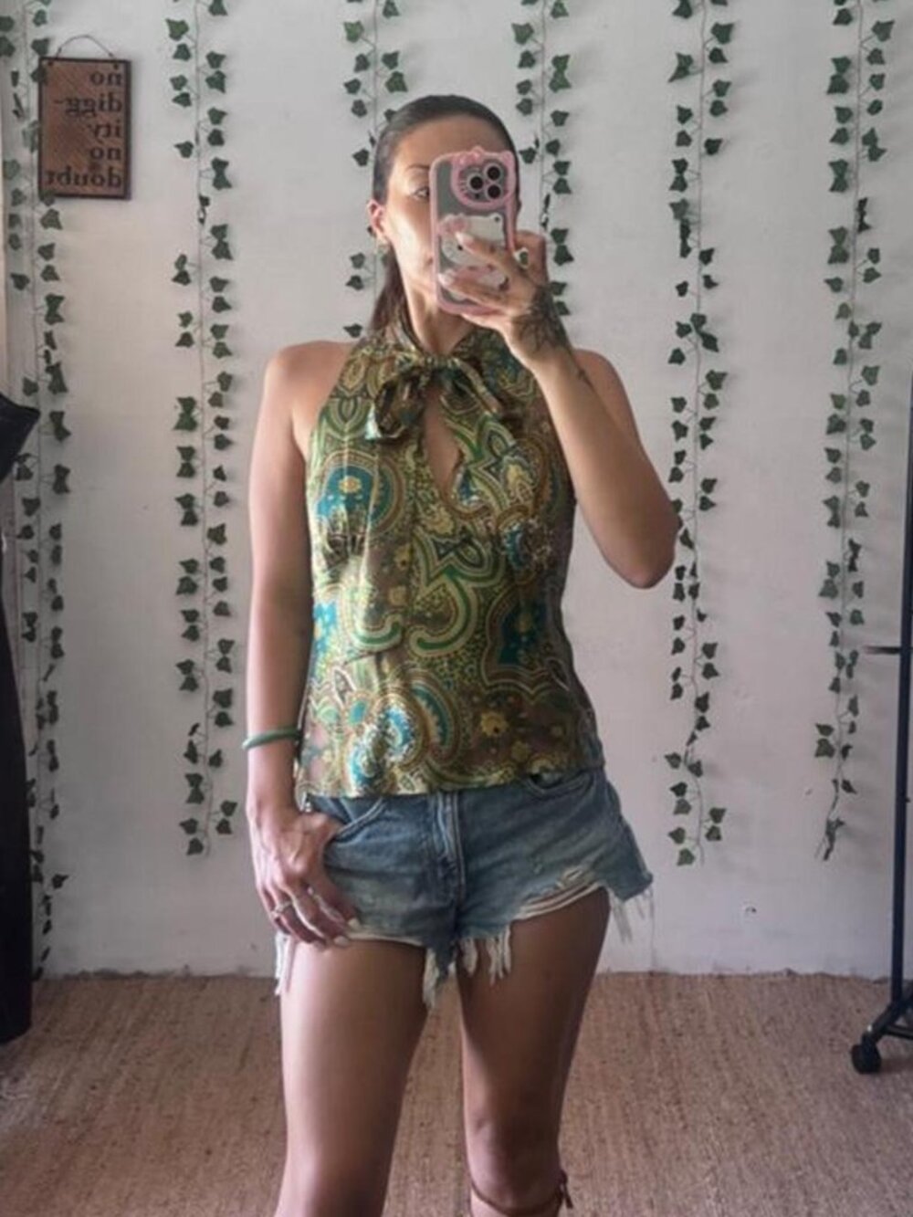 Green and brown paisley 100% silk halter top size small